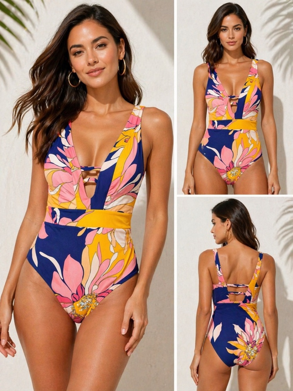 Trina Turk Floral Plunge One Piece Swimsuit Size 6 NWT Cutout Removable Cups